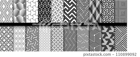 Geometric set of seamless black and white patterns. Simple vector graphics Geometric set of seamless black and white patterns. Simple vector graphics 110899092