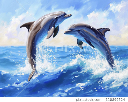 夏季大海和跳躍的海豚AI圖像風景畫 夏季大海和跳躍的海豚AI圖像風景畫 110899524