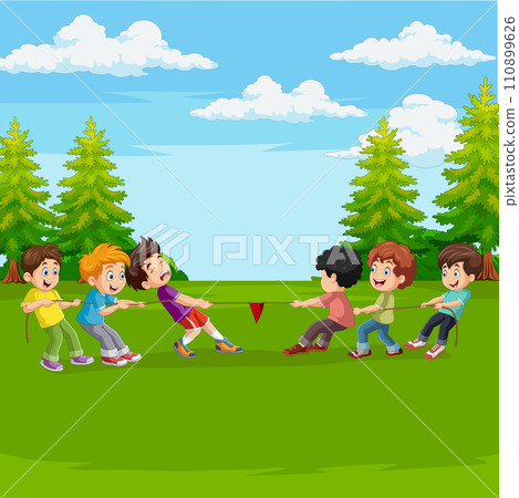Cartoon group of children playing tug of war in the park 110899626
