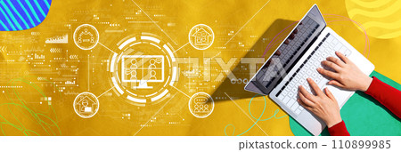 Online meeting theme with person using a laptop Online meeting theme with person using a laptop 110899985