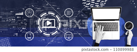 Webinar concept with person using a laptop Webinar concept with person using a laptop 110899988