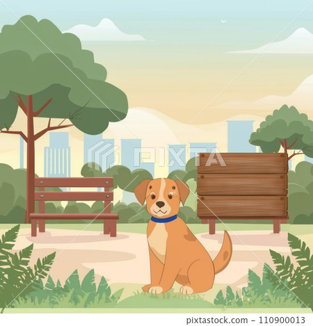 Cartoon background of a puppy in the forest, Trees, Grass - illustration for children 110900013