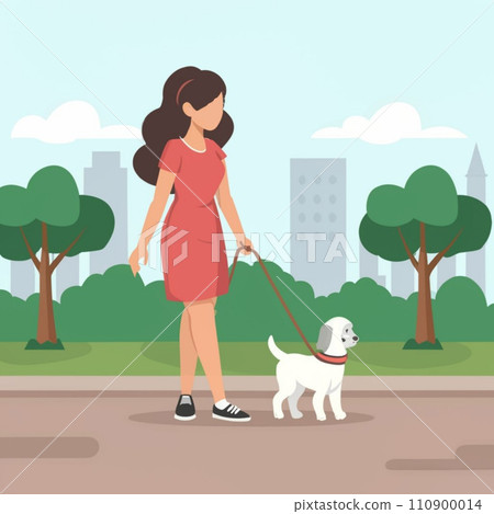 Cartoon background of a woman walk with puppy in the forest, Trees, Grass - illustration for children 110900014