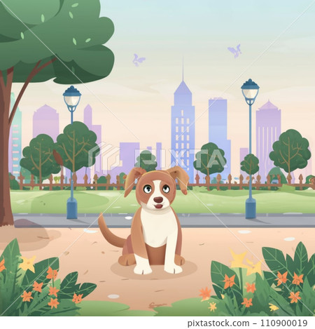 Cartoon background of a puppy in the forest, Trees, Grass - illustration for children Cartoon background of a puppy in the forest, Trees, Grass - illustration for children 110900019