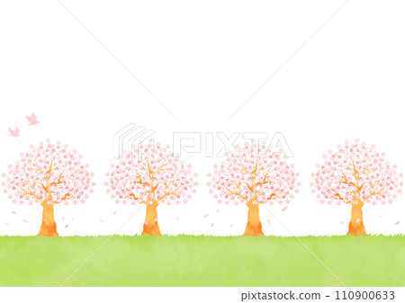Landscape illustration of cherry blossom trees and fields 110900633