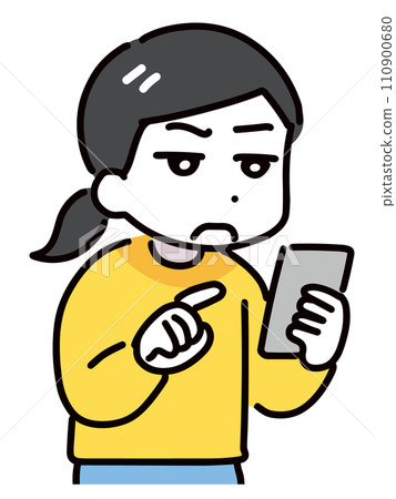A woman in plain clothes squinting at her smartphone 110900680