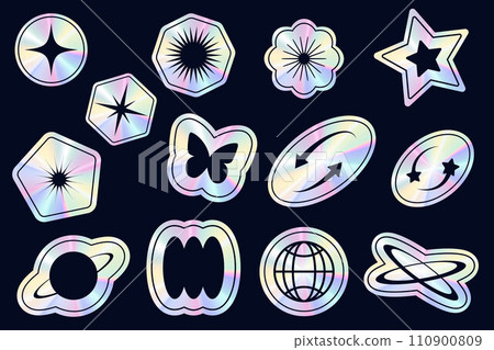 Y2k holographic stickers set. Retro gradient foil shapes and labels. Futuristic rave neon collection. Textured graphic badges. Vector 2000s elements. Y2k holographic stickers set. Retro gradient foil shapes and labels. Futuristic rave neon collection. Textured graphic badges. Vector 2000s elements. 110900809