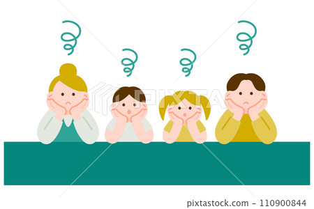 Illustration of a family of four who are all worried 110900844