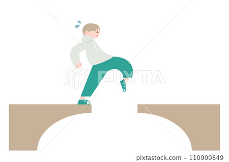 Illustration of a man carefully crossing a bridge Illustration of a man carefully crossing a bridge 110900849