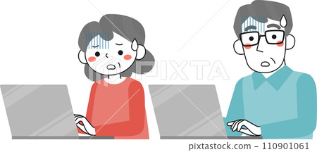 The upper bodies of a senior woman and a senior man who look pale while looking at a computer The upper bodies of a senior woman and a senior man who look pale while looking at a computer 110901061
