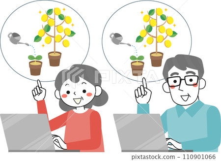 Upper body of senior woman and senior man investing online Upper body of senior woman and senior man investing online 110901066