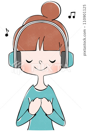 一個女人用耳機聽音樂的插圖 110901125