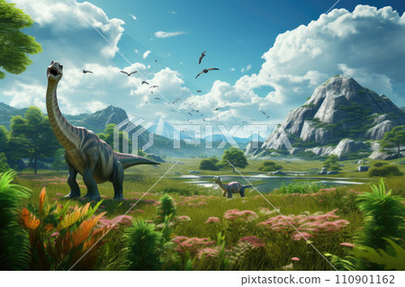 Dinosaurs in the Triassic period age in the green grass land and blue sky background, Habitat of dinosaur, history of world concept, Generative Ai Dinosaurs in the Triassic period age in the green grass land and blue sky background, Habitat of dinosaur, history of world concept, Generative Ai 110901162