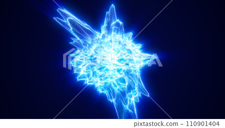 Abstract glowing looped light hi-tech energy blue sphere atom clot of energy from lines of waves and particles futuristic, abstract background 110901404
