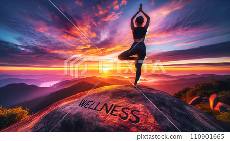 Yoga Tree Pose at Mountain Sunrise with Wellness Inscription 110901665