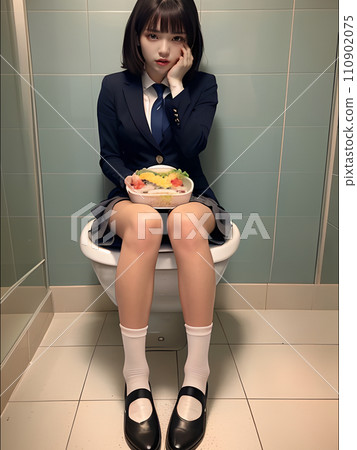 Illustration material: High school girl in uniform (toilet meal) 110902075