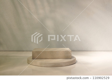 mock up, free space gray background for presentation show product cosmetic display, podium, stage pedestal or platform with beautiful lights and shadows from windows 110902529