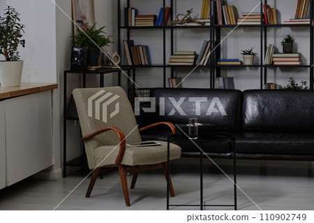 Empty armchair and sofa with coffee table in front of them in mental health specialist office 110902749