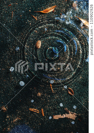 puddle on asphalt with drops of spring raindrops and circles on water puddle on asphalt with drops of spring raindrops and circles on water 110902926