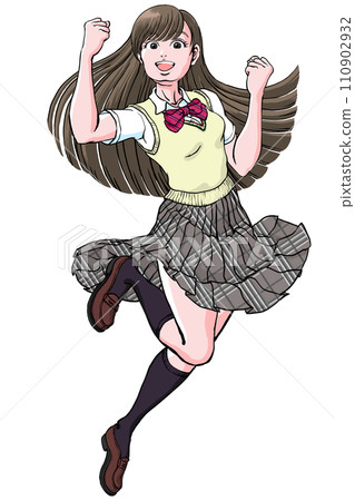 High school girl doing a fist pump with both hands while jumping_Best 110902932