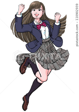 High school girl doing a fist pump with both hands while jumping_Blazer High school girl doing a fist pump with both hands while jumping_Blazer 110902939