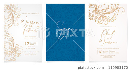 set of invitation cards design with floral ornaments. wedding invitation card set with floral design isolated white background for greetings cards templates, Stationery, Layout print material papers set of invitation cards design with floral ornaments. wedding invitation card set with floral design isolated white background for greetings cards templates, Stationery, Layout print material papers 110903170