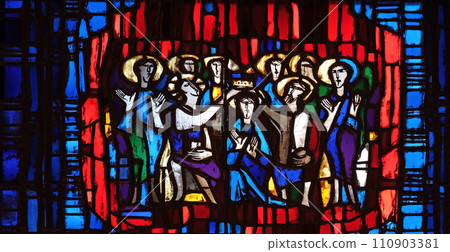Stained glass window in the parish church of St. Stephen in Wasseralfingen, Germany Stained glass window in the parish church of St. Stephen in Wasseralfingen, Germany 110903381