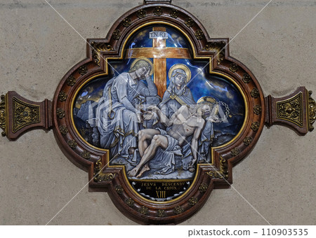 13th Stations of the Cross, Jesus' body is removed from the cross, St Francis Xavier's Church in Paris, France 13th Stations of the Cross, Jesus' body is removed from the cross, St Francis Xavier's Church in Paris, France 110903535