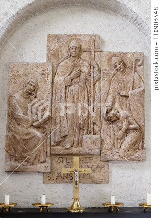 Saints Anselm of Canterbury, the bishops Liudger and Ansgar, missionary in Scandinavia, altar in Munsterschwarzach Abbey, Benedictine monastery, Germany 110903548