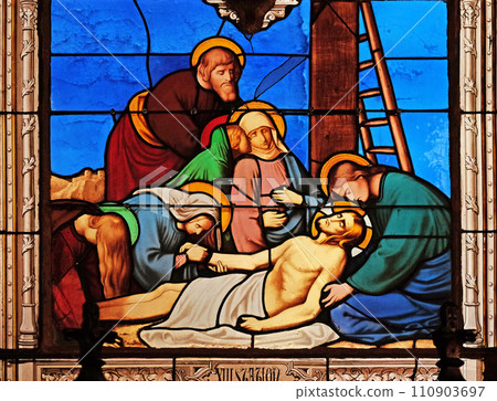 13th Stations of the Cross, Jesus' body is removed from the cross, stained glass windows in the Saint Eugene - Saint Cecilia Church, Paris, France 110903697
