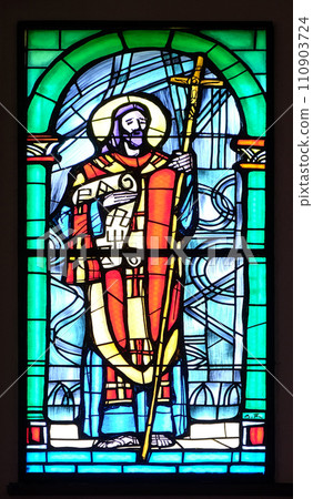 Saint Cyril, stained glass window in the Church of the Assumption of the Blessed Virgin Mary in Pakrac, Croatia 110903724