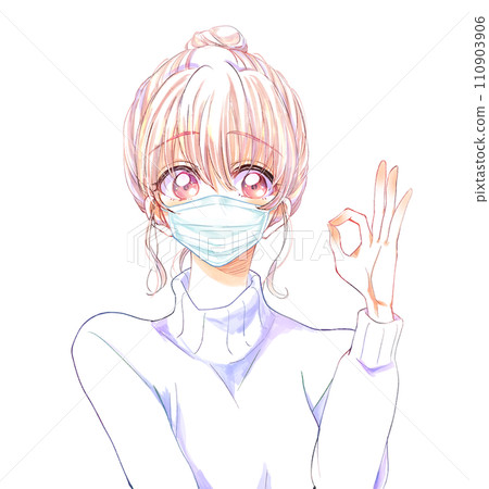 A woman wearing a mask giving an OK sign in winter A woman wearing a mask giving an OK sign in winter 110903906