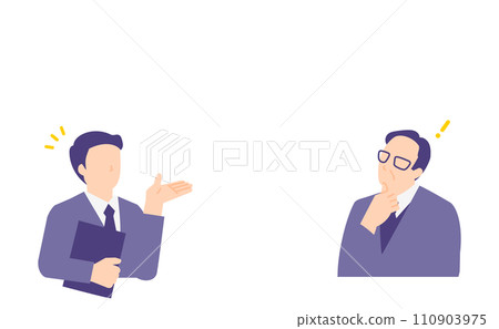 Illustration of a male advisor proposing a solution to a problem to an older manager 110903975