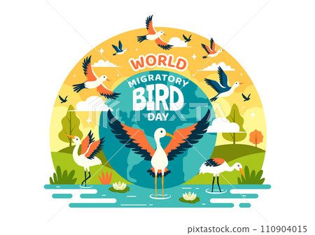 World Migratory Bird Day Vector Illustration with Birds Migrations Groups and Their Habitats for Living Aquatic Ecosystems in Flat Cartoon Background 110904015