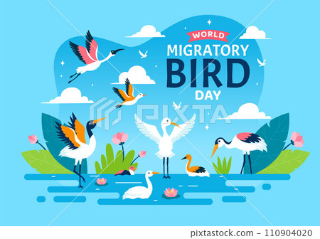 World Migratory Bird Day Vector Illustration with Birds Migrations Groups and Their Habitats for Living Aquatic Ecosystems in Flat Cartoon Background 110904020