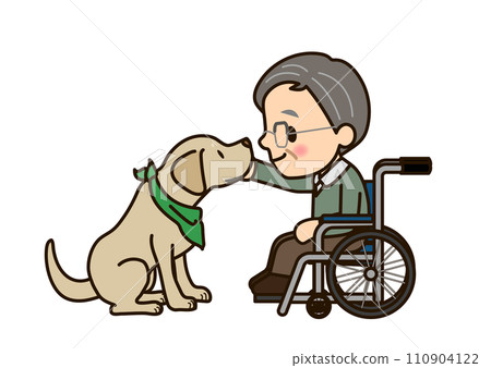 Therapy dog and grandpa in wheelchair 110904122
