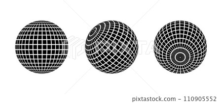 Black disco ball set. Collection of wireframe spheres in different angles. Grid globe or checkered ball bundle. Mirrorball element pack for poster, banner, music cover, party. Vector illustration 110905552