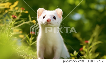 一條白色的科喬站在樹枝上堆積的雪中 110905717