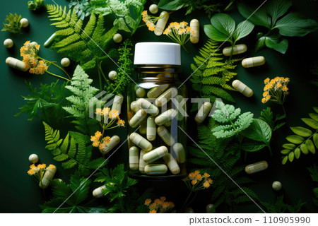 Flat lay herbal pills in a glass jar and scattered on a green background and medicinal herbs. Natural food additives to food 110905990