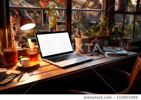Mockup of an empty laptop screen with a copy space on the table at home under the light from a desk lamp by the window. Cozy evening at work or study 110905999