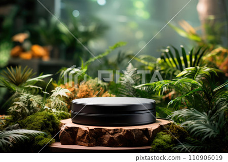 Round podium is a stage for the demonstration of goods or organic cosmetics against the background of the nature of a green forest Round podium is a stage for the demonstration of goods or organic cosmetics against the background of the nature of a green forest 110906019