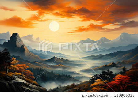 Mountain landscape with fog on the background of sunrise or sunset Mountain landscape with fog on the background of sunrise or sunset 110906023