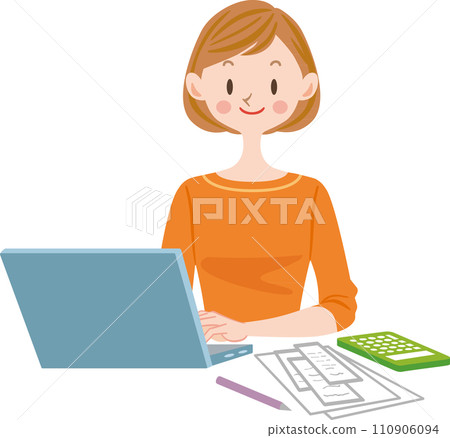Housewife keeping household accounts, woman using computer, final tax return, freelance keeping account books 110906094