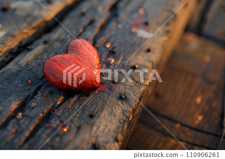 A bright red heart on old wood symbolize timeless love. Even though it's old, it still looks fresh. There's a copy space on the right for adding text for Valentine's Day or wedding presentations. 110906261