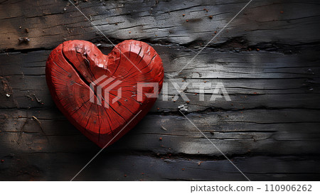 A bright red heart on old wood symbolize timeless love. Even though it's old, it still looks fresh. There's a copy space on the right for adding text for Valentine's Day or wedding presentations. 110906262
