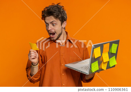 Man with pasted sticker notes use laptop having concentration problem big routine overloading work Man with pasted sticker notes use laptop having concentration problem big routine overloading work 110906361