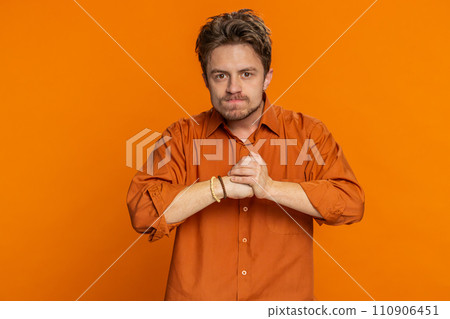Aggressive angry Caucasian man trying to fight at camera, shaking fist, boxing, punishment, threaten 110906451