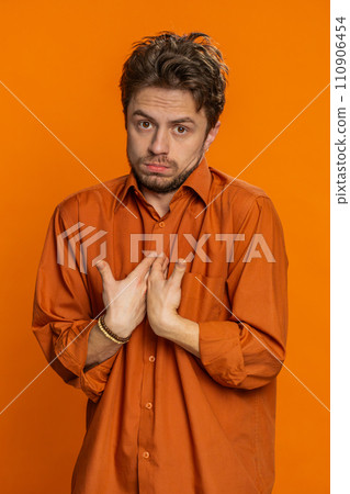 Confused Caucasian young man pointing fingers himself feels innocent not guilty not his fault, fail Confused Caucasian young man pointing fingers himself feels innocent not guilty not his fault, fail 110906454