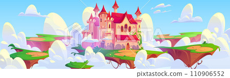 Magic castle floating on ground platform in sky 110906552
