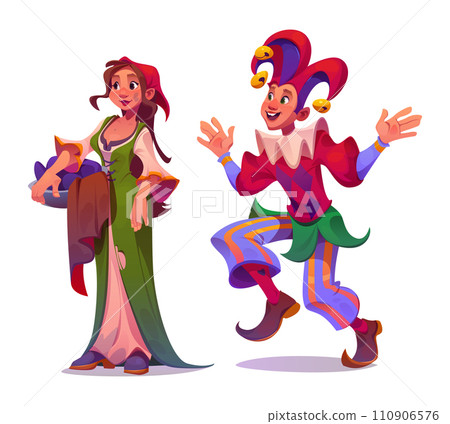 Medieval peasant maid and male jester characters 110906576